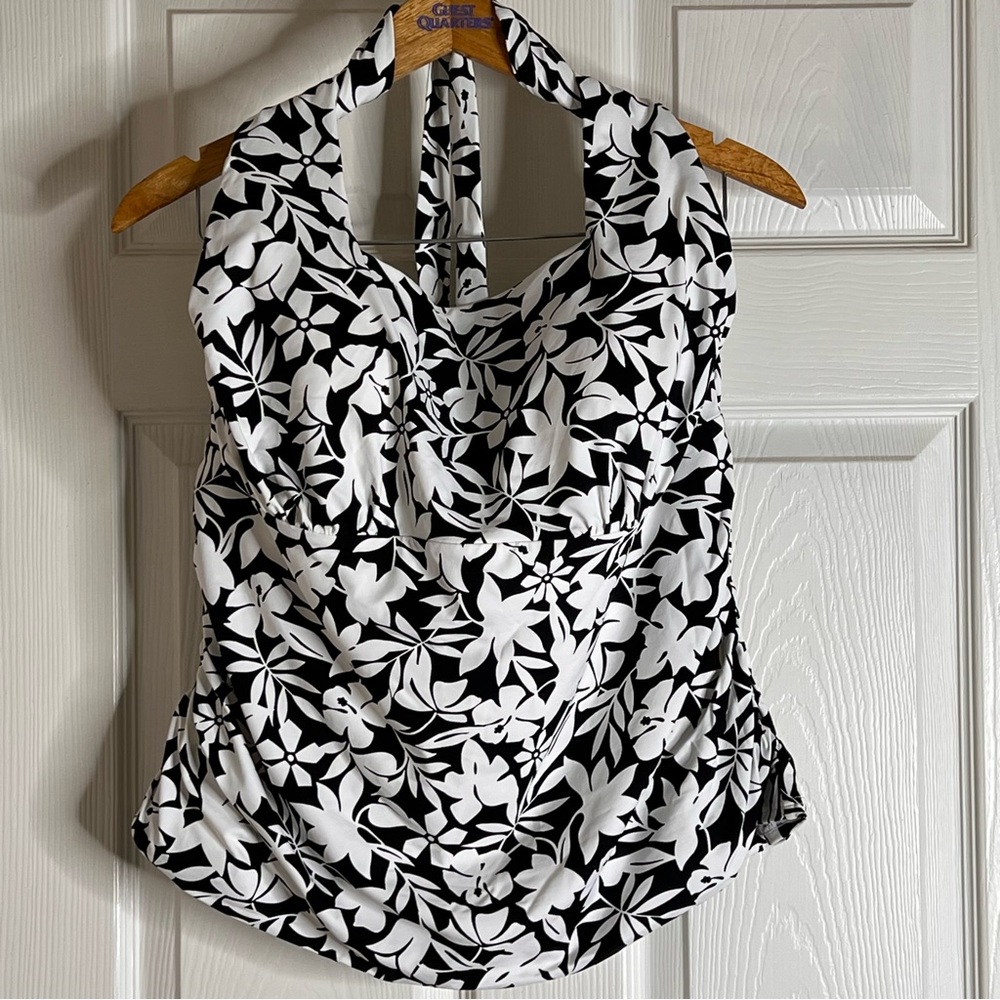 Lands’ End Black and White Havana Floral Tankini Halter Top 22W - Picture 2 of 10